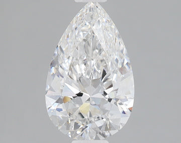 Pear-shaped colorless lab-grown diamond with faceted surfaces and bright light refraction on gray background.
