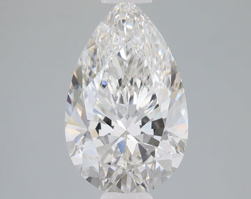 Pear-shaped faceted lab-grown diamond with brilliant clarity and light refraction on gray background.