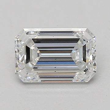 Emerald-cut clear diamond with faceted surfaces and step-cut pattern on neutral background.