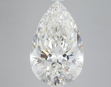 Pear-shaped colorless lab-grown diamond with faceted surface on gray background.