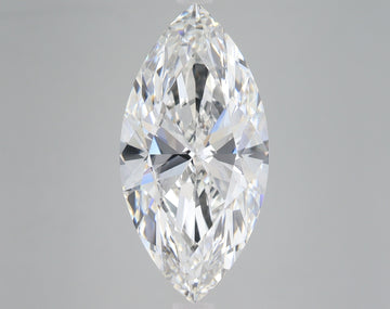 Clear marquise-cut lab-grown diamond with faceted surface and light refraction on neutral background.