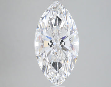 Marquise-cut colorless diamond with faceted surfaces and reflective light patterns against neutral background.