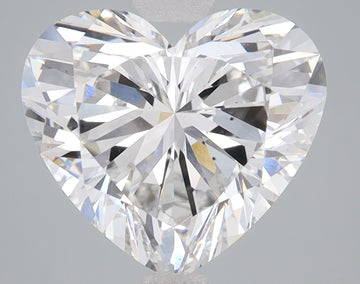 Heart-shaped clear lab-grown diamond with multiple facets reflecting light against gray background.