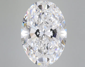 Oval-cut lab-grown diamond with faceted surface displaying white and prismatic light reflections.