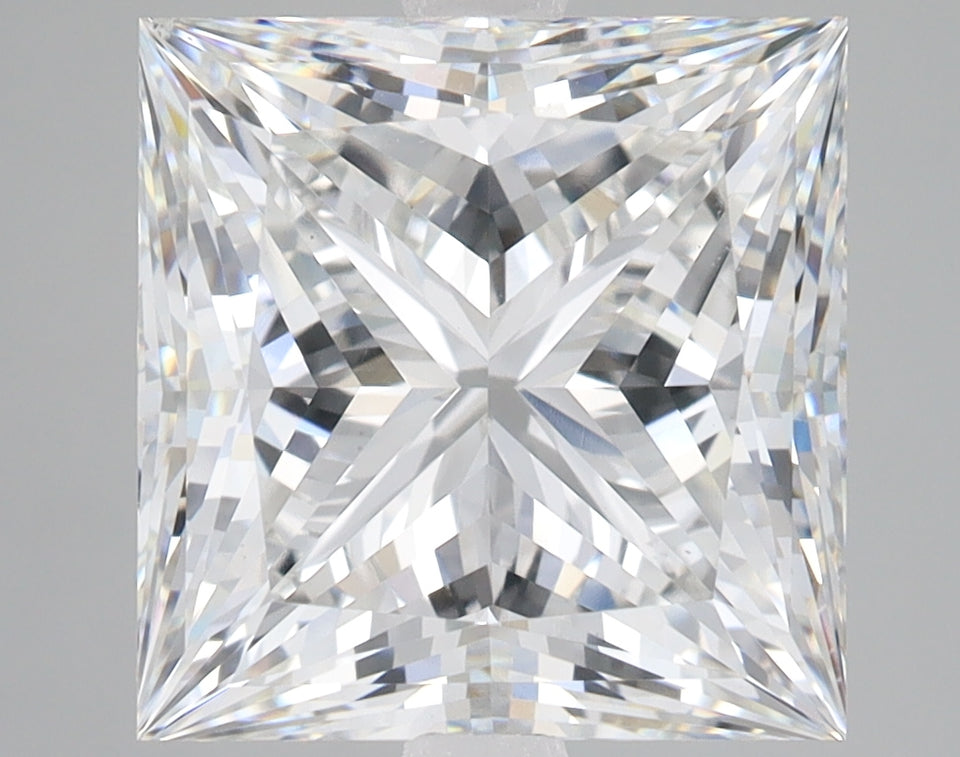 Princess-cut lab-grown diamond with brilliant facets and light refraction displayed against neutral background.