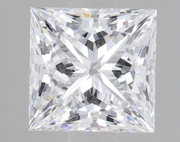 Princess-cut lab-grown diamond with brilliant faceting and light reflections on gray background.