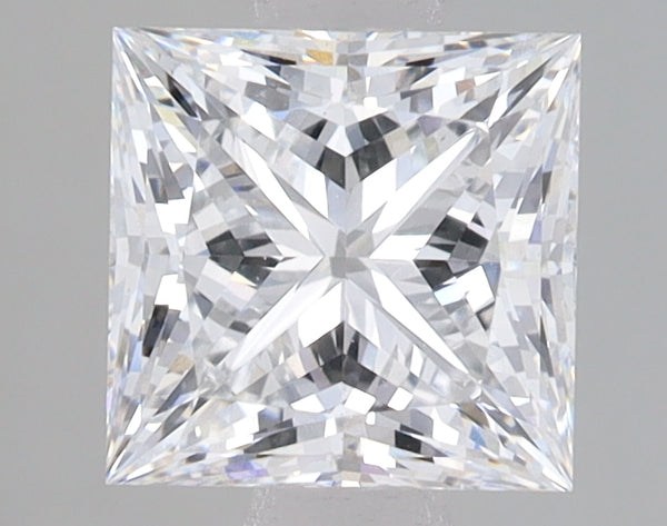 Princess-cut lab-grown diamond with brilliant faceting and light reflections on gray background.