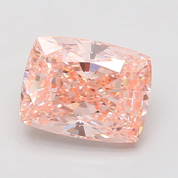 Cushion cut lab-grown diamond with light pink hue, displaying faceted surfaces and light reflections.