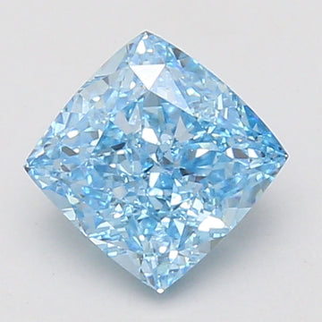 Light blue cushion-cut loose diamond with faceted surface and reflective highlights on neutral background.