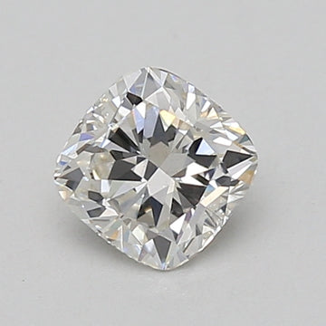 Cushion-cut lab-grown diamond with faceted surfaces reflecting light, displayed on neutral background.