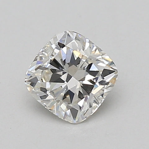 Cushion-cut lab-grown diamond with faceted surfaces reflecting light, displayed on neutral background.