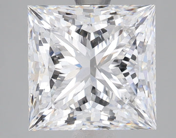 Princess-cut lab-grown diamond with square shape and faceted surfaces displaying light refraction patterns.