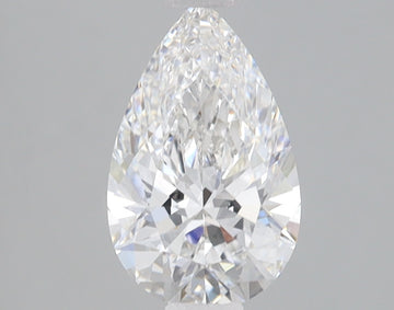 Pear-shaped colorless lab-grown diamond with faceted surfaces and light reflections on gray background.