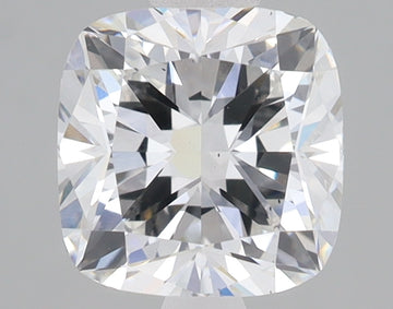 Cushion-cut lab-grown diamond with faceted surfaces displaying white and gray light reflections on neutral background.