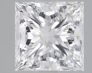 Princess-cut lab-grown diamond with brilliant faceting and clear transparency, displayed against neutral background.