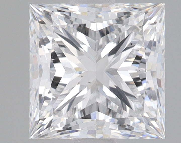 Princess-cut lab-grown diamond with brilliant faceting and clear transparency, displayed against neutral background.