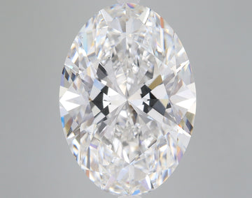 Oval-cut colorless lab-grown diamond with faceted surface and light refraction displayed against gray background.