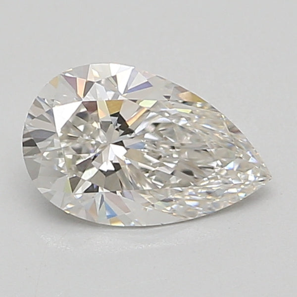 Pear-shaped lab-grown diamond with clear faceting and light reflections on neutral background.