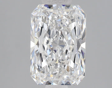 Radiant cut loose diamond with faceted surfaces reflecting light, displayed against gray background.