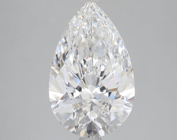 Pear-shaped colorless lab-grown diamond with faceted surface reflecting light, displayed against gray background.