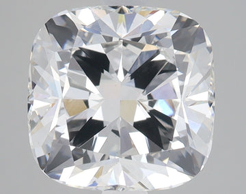 Cushion cut lab grown diamond with faceted surfaces reflecting light on neutral background.