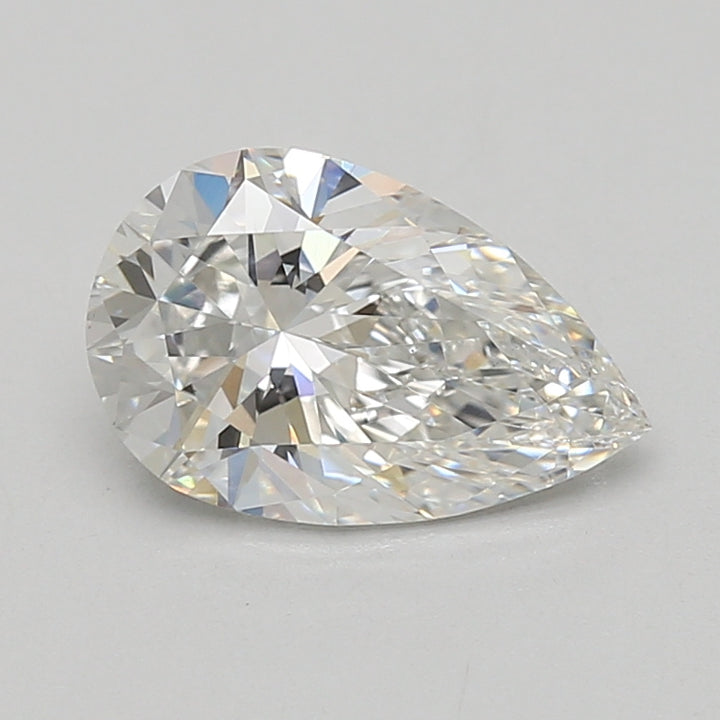 Pear-shaped colorless lab-grown diamond with faceted cuts reflecting light, displayed on neutral background.