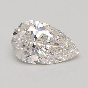 Pear-shaped lab-grown diamond with faceted surfaces reflecting light, displayed on neutral gray background.