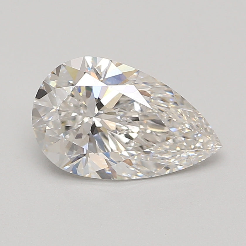Pear-shaped lab-grown diamond with faceted surfaces reflecting light, displayed on neutral gray background.