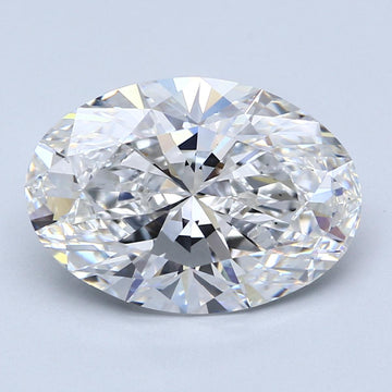 Oval-cut lab-grown diamond with faceted surfaces and light refraction on light blue background.