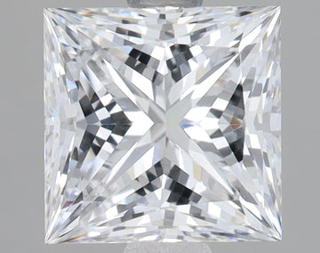Princess cut lab grown diamond with faceted surface reflecting light, displayed against gray background.