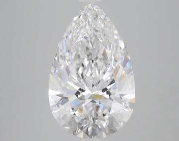 Pear-shaped lab grown diamond with faceted surfaces displaying light refraction on neutral gray background.