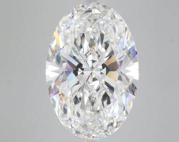 Clear oval-cut diamond with faceted surfaces reflecting light in various colors against a gray background.
