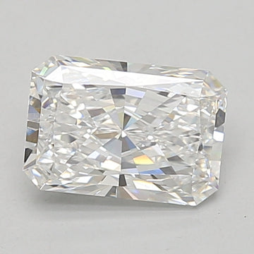 Clear radiant-cut lab grown diamond with faceted surface reflecting light, displayed on neutral background.