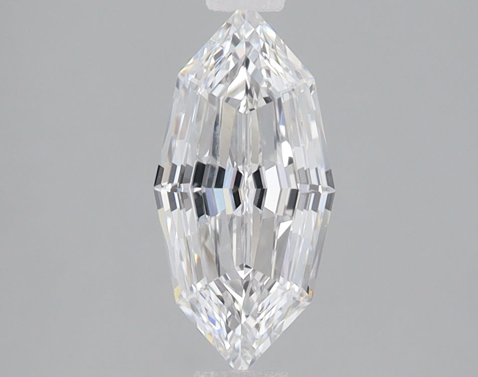 Colorless step-cut diamond with elongated oval faceted shape, displayed against neutral background.