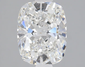 Cushion-cut lab-grown diamond with faceted surfaces reflecting light, displayed against gray background.
