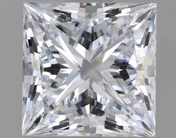 Princess-cut lab-grown diamond with faceted surface reflecting light, displayed against neutral background.