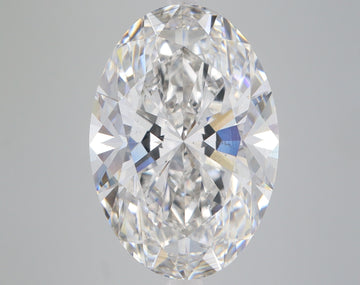 Clear oval-cut lab-grown diamond with faceted surface reflecting light, displayed against neutral gray background.