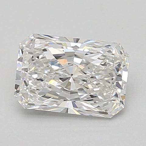 Radiant cut lab grown diamond with faceted surface and light refraction, displayed on neutral background.