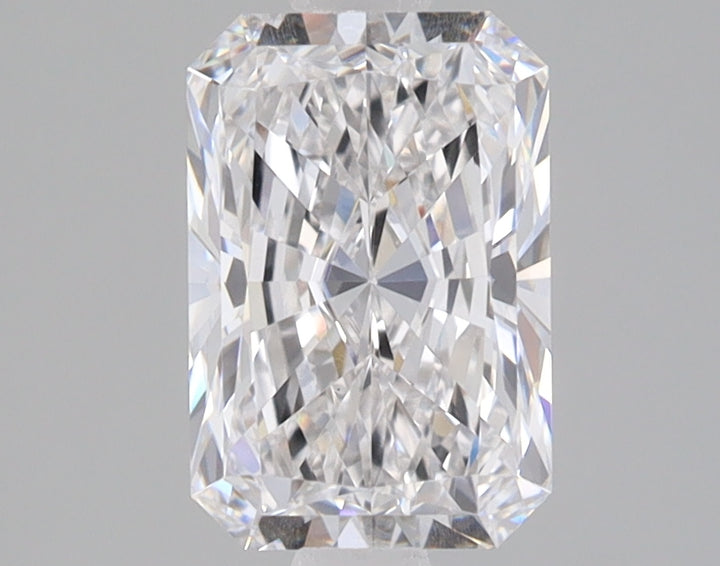 Radiant cut loose diamond with faceted surface and light refraction on neutral background.