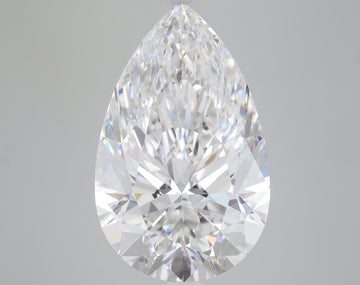 Pear-shaped colorless lab-grown diamond with faceted surface and light reflections on neutral background.