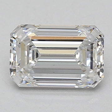 Emerald-cut lab-grown diamond with clear facets and beveled edges, displayed against a neutral background.