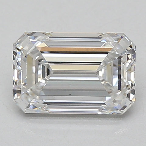 Emerald-cut lab-grown diamond with clear facets and beveled edges, displayed against a neutral background.