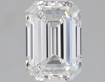 Emerald cut lab-grown diamond with faceted surfaces and clear transparency against neutral background.