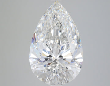 Pear-shaped clear lab-grown diamond with faceted surfaces displaying light refraction, shown against neutral gray background.