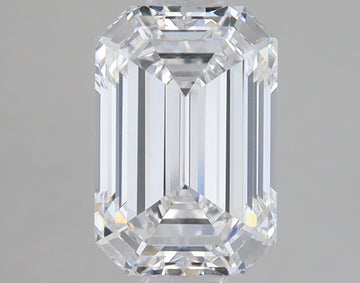 Emerald cut lab-grown diamond with faceted surface showing clear transparency and light reflection against gray background.