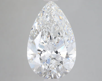 Pear-shaped colorless diamond with faceted surface and light reflections on gray background.