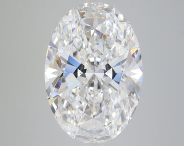 Oval-cut lab-grown diamond with faceted surface displaying light refraction and colorless transparency against neutral backgr