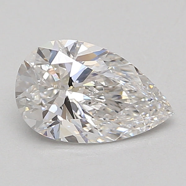 Pear-shaped lab-grown diamond with faceted surface and clear coloring on neutral background.