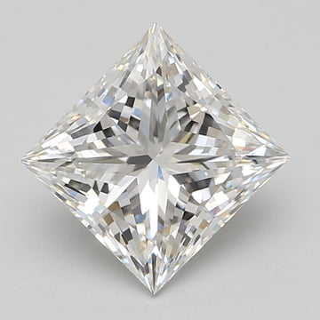 Princess-cut colorless lab-grown diamond with faceted surface and light reflections on neutral background.