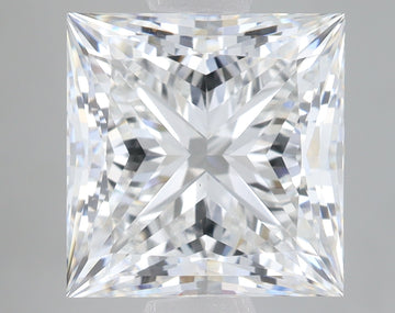 Clear princess-cut lab-grown diamond with brilliant faceting and light reflections displayed on neutral background.